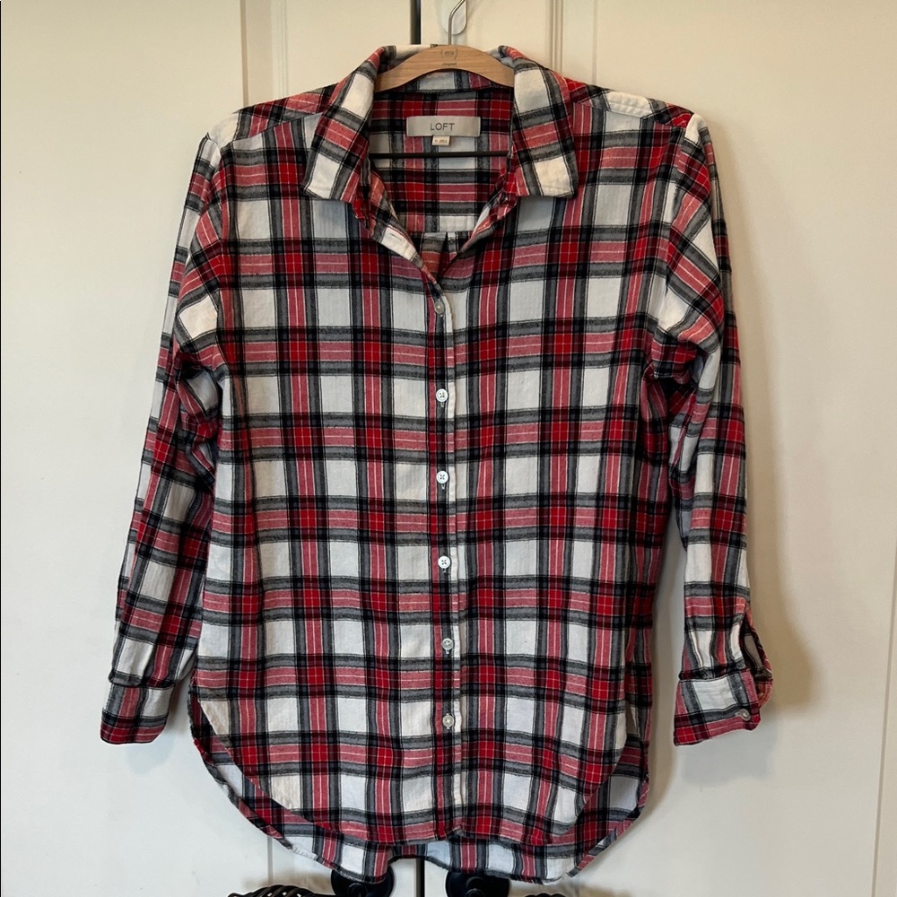 LOFT Red, Black and White Plaid Button-Down Shirt